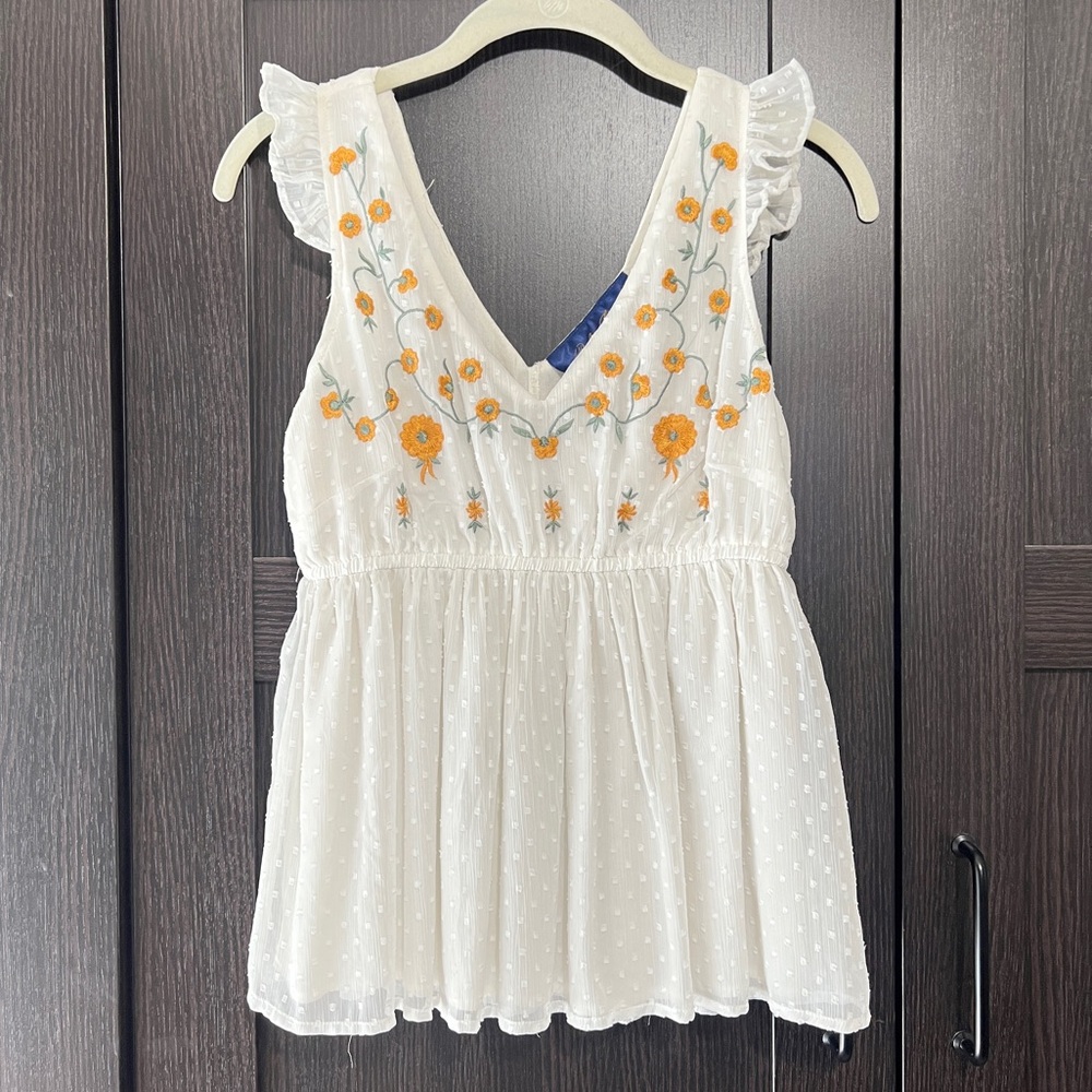Blue Rain White Top with Dk. Yellow Floral Embroidery
